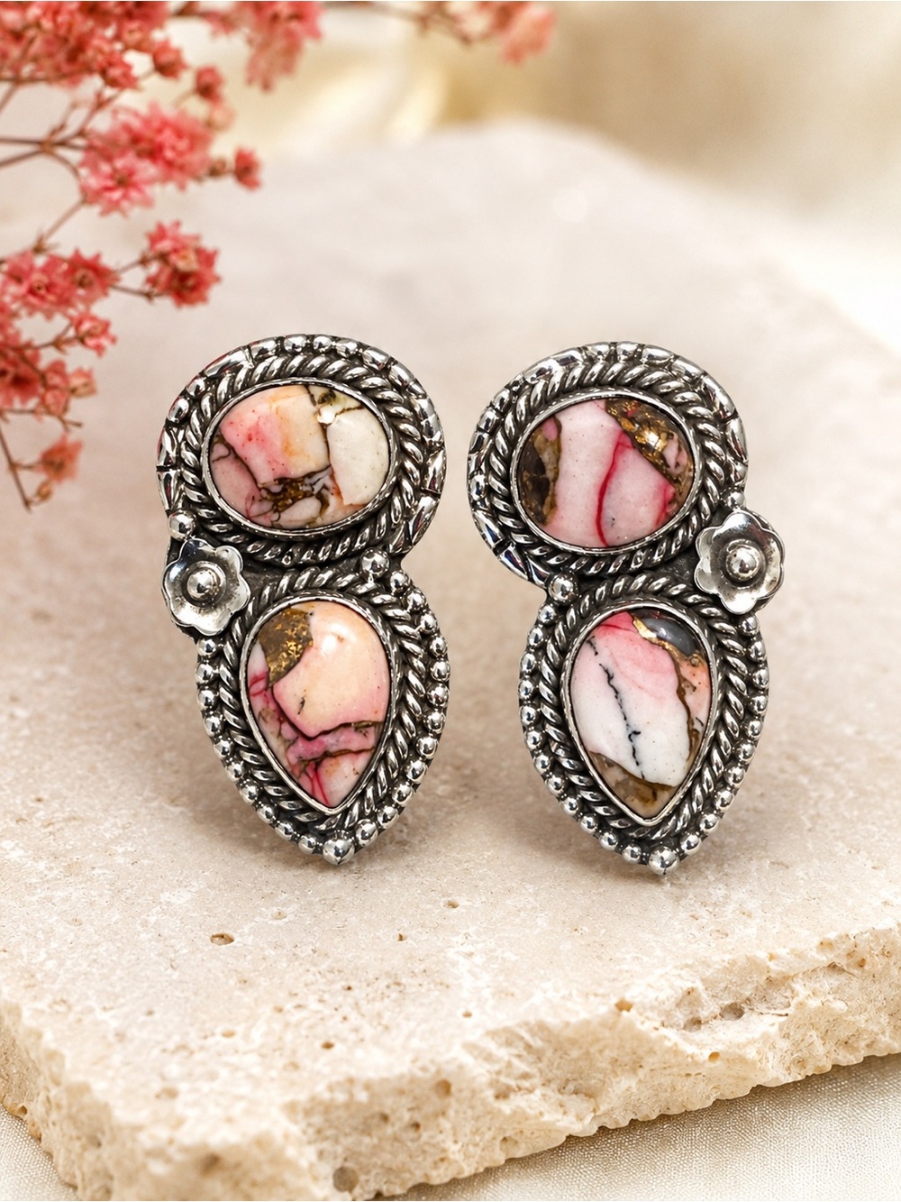 Red Rose Dahlia Turquoise 925 Sterling Earrings